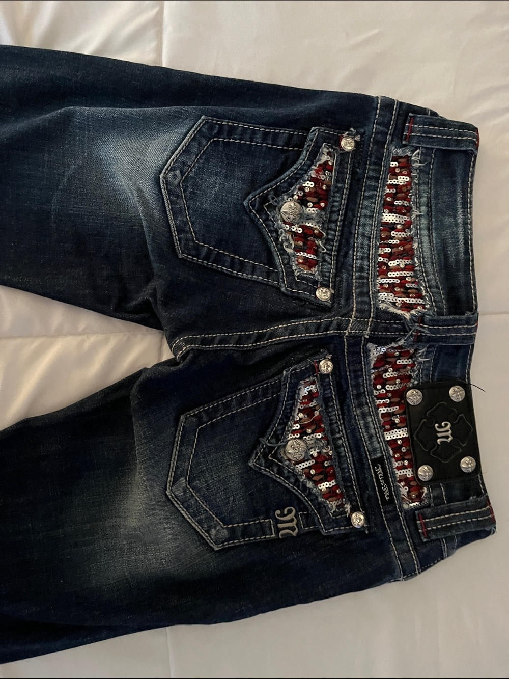 Miss Me Dark Indigo Boot Cut Jeans with Red Sequin Detail - Picture 3 of 4